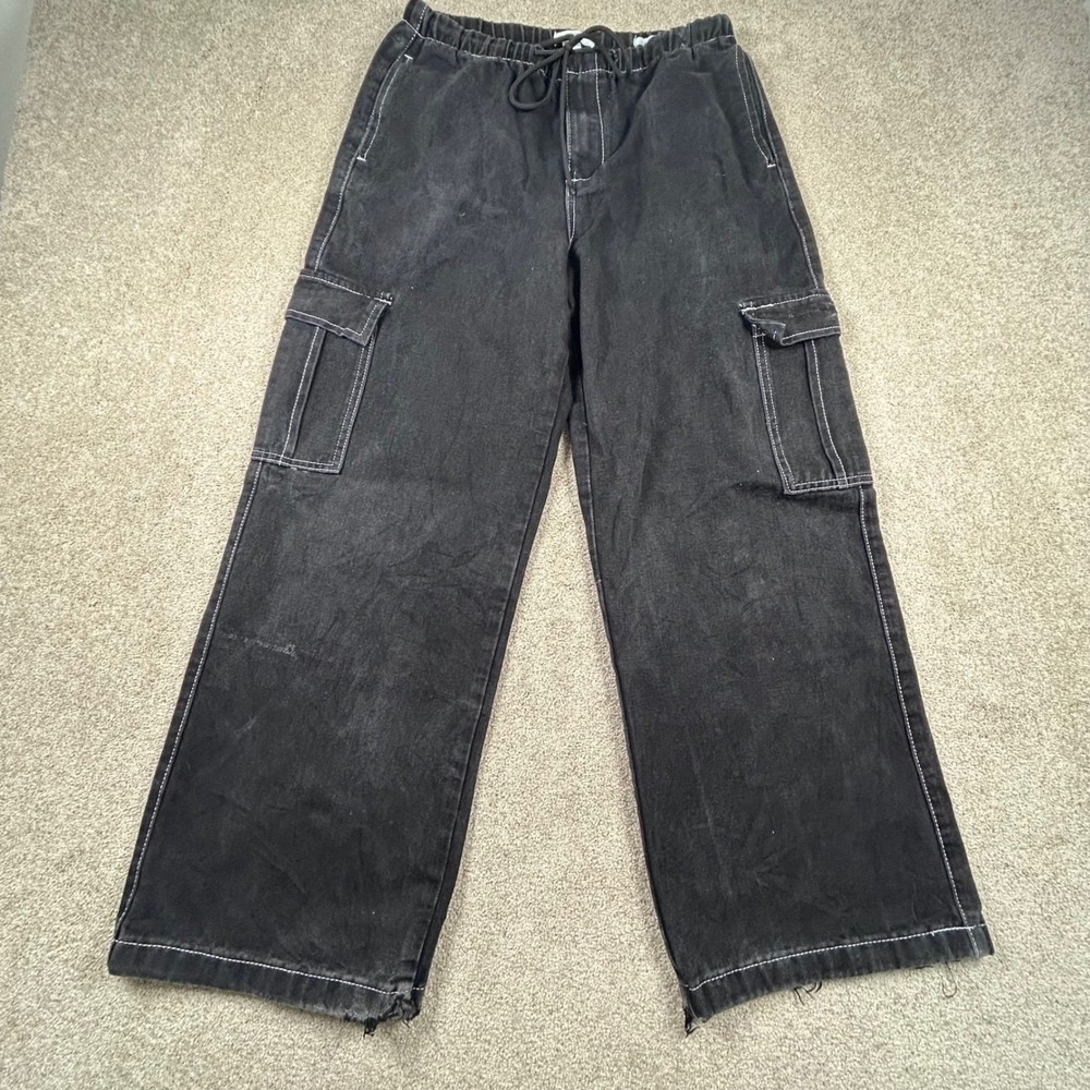 Black Denim Cargo Pants Wide Leg Elastic Waist Contrast Stitch Frayed Hem